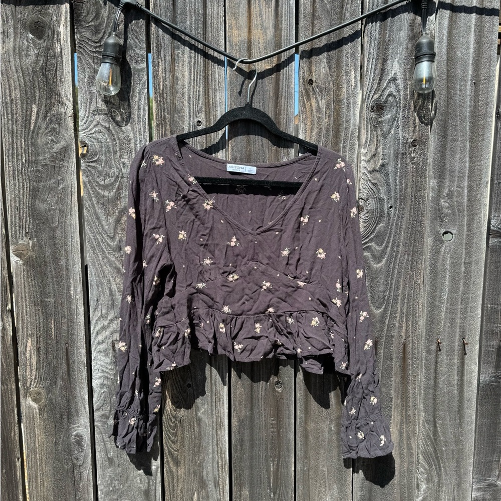 Arizona Black Pink Floral V Neck Waist Length Babydoll Top Blouse Size large